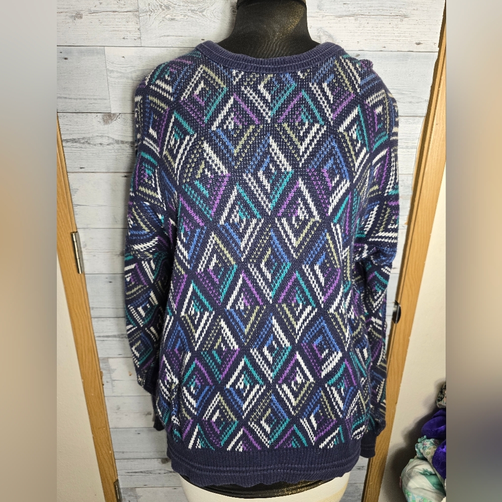 Vtg 90s Jantzen Geometric Patterned Pullover Sweater - Blue and Purple